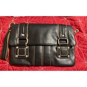 Daisy Fuentes Black Faux Leather Clutch Wristlet Bag Gold Buckle Detail
